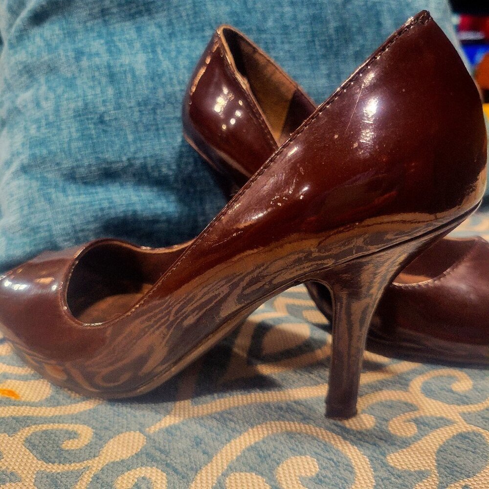 CL Laundry Brown Patent Peep Toe Stiletto Heels - Size 7